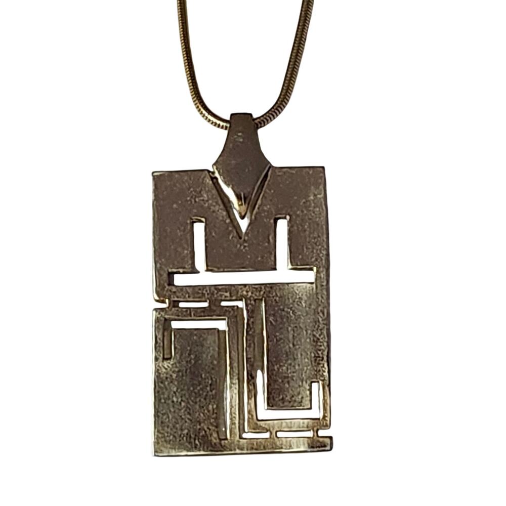 Vtg 1960s Mid Century Abstract Modernist Gold Tone Pendant Necklace